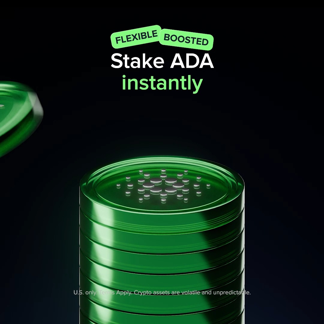 A green stacked coin features the Cardano (ADA) logo, promoting flexible and boosted staking options through the Uphold app with the headline "Stake ADA instantly." The image visually reinforces the post's message about putting ADA holdings to work through weekly rewards or locked staking plans.