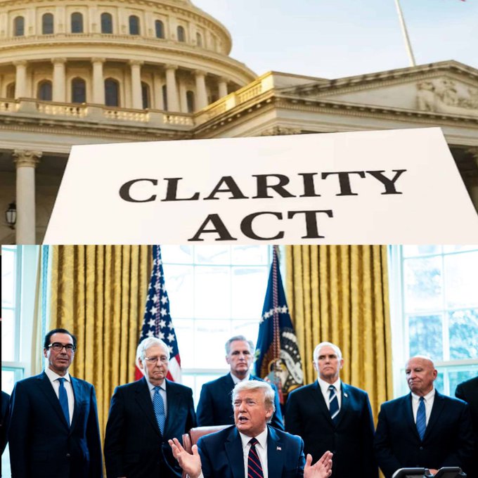 A composite image showing Donald Trump seated in the Oval Office with several officials standing behind him, overlaid with a large white banner reading "CLARITY ACT" and the U.S. Capitol building in the background.