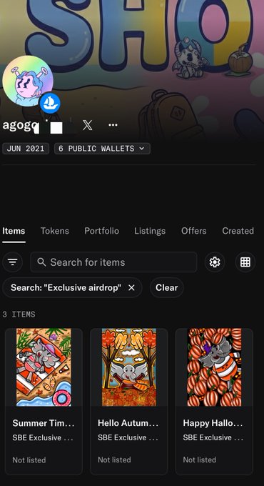 A mobile app interface displays three NFT items titled 'Summer Tim...', 'Hello Autumn...', and 'Happy Hallo...', all marked as 'SBE Exclusive' and 'Not listed'.
