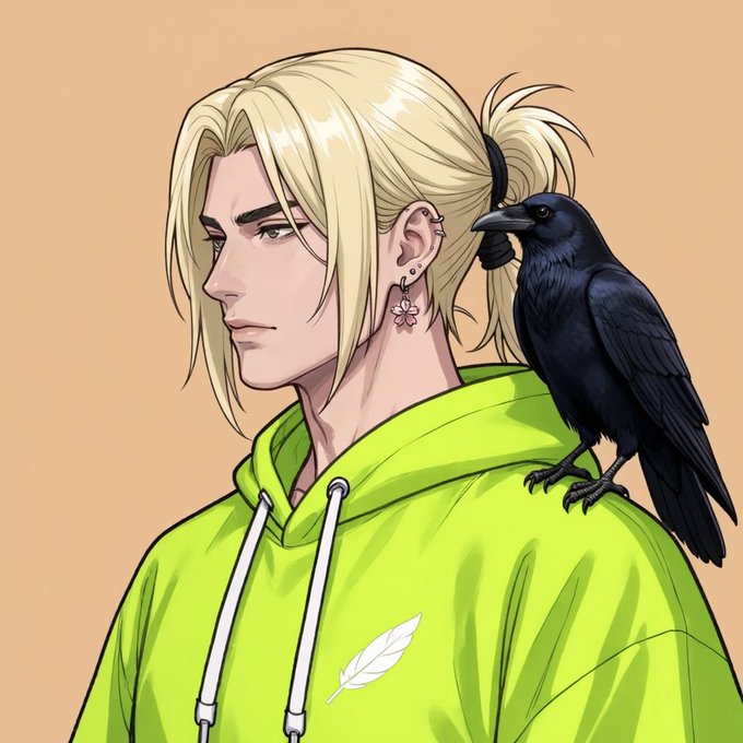 An anime-style illustration shows a blonde person with a ponytail and ear piercings in profile, with a black raven perched on their shoulder. They wear a bright green hoodie with a white feather logo.