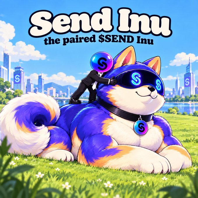 Promotional artwork for 'Send Inu the paired $SEND Inu' featuring a blue and white shiba inu wearing sunglasses with an 'S' logo, a collar tag, and a small suited figure placing an 'S' coin on its head against a city skyline.