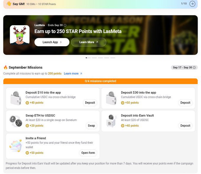 A screenshot of a 'September Missions' rewards page showing 0/4 missions completed, with tasks like 'Deposit $10', 'Deposit $30', 'Swap ETH to USDC', 'Deposit into Earn Vault', and 'Invite a Friend' to earn points.