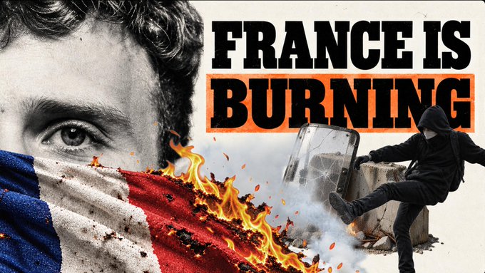 A dramatic thumbnail-style image features a person with a French flag face covering on the left, text reading 'FRANCE IS BURNING,' and a hooded figure kicking through a concrete wall on the right.