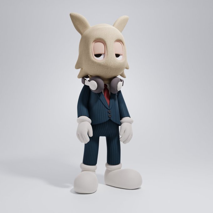 A 3D rendering of a character with a fuzzy, light-colored animal head, wearing a dark blue pinstripe suit with large white shoes and gloves.