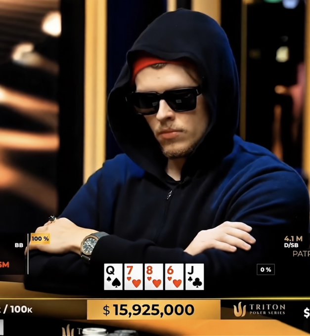 A poker player in a dark hoodie and sunglasses sitting at a table with a hand of Q♠ 7♦ 8♥ 6♥ J♣ displayed, showing $15,925,000 in the pot at a Triton Poker Series event.