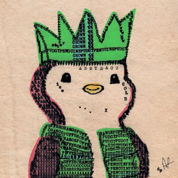 A child's drawing on craft paper depicts a penguin-like character wearing a bright green crown and jacket made of green text, with labels 'CROWN', 'ABOUTFACE', 'BOLD', and a signature 'S.14' in the corner.