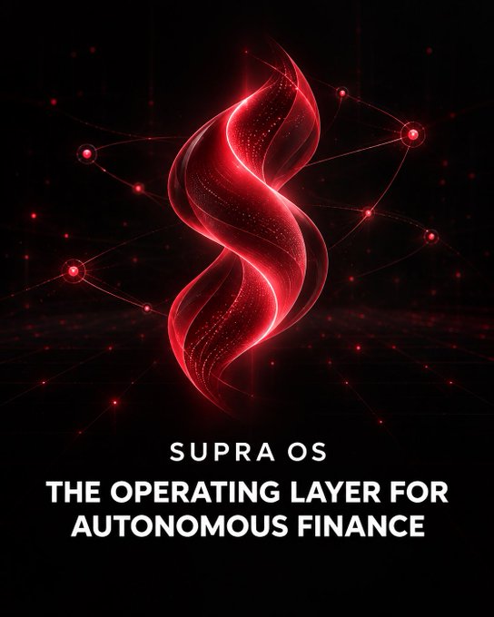 A promotional graphic for Supra featuring a red glowing spiral design with text 'SUPRA OS THE OPERATING LAYER FOR AUTONOMOUS FINANCE' on a black background.