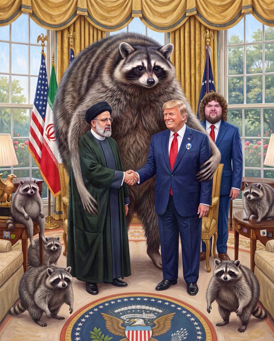 The image shows a satirically composed scene in what appears to be the Oval Office, where two figures resembling world leaders—one in religious clerical robes and another in a blue suit—shake hands in front of a giant raccoon, surrounded by smaller raccoons and a third man in the background, with the Presidential Seal visible on the floor beneath them. The surreal pairing of political figures with raccoons humorously illustrates the poster's joke about someone using a "burner account" to secretly keep tabs on online discourse, suggesting a hidden, mischievous observer at play.