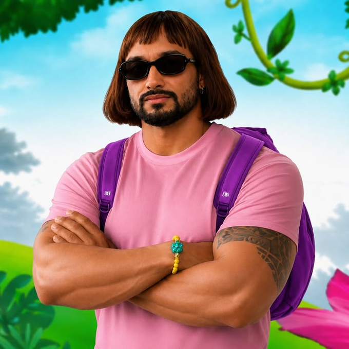 AI-generated or stylized image of a muscular man with a brown bob haircut, sunglasses, pink t-shirt, and purple backpack, standing in a colorful cartoon landscape with trees and flowers.