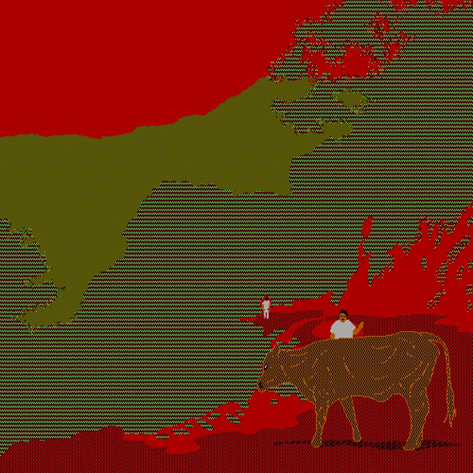 A pixelated digital artwork with a large red background and an olive-green tree, featuring a small figure standing in the distance and a person riding a brown bull in the foreground.