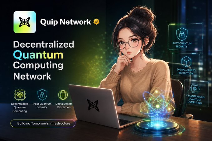 A promotional graphic for 'Quip Network' advertising a 'Decentralized Quantum Computing Network' featuring an illustrated woman with glasses using a laptop, with icons for Post-Quantum Security, Digital Assets Protection, and Decentralized Quantum Computing.