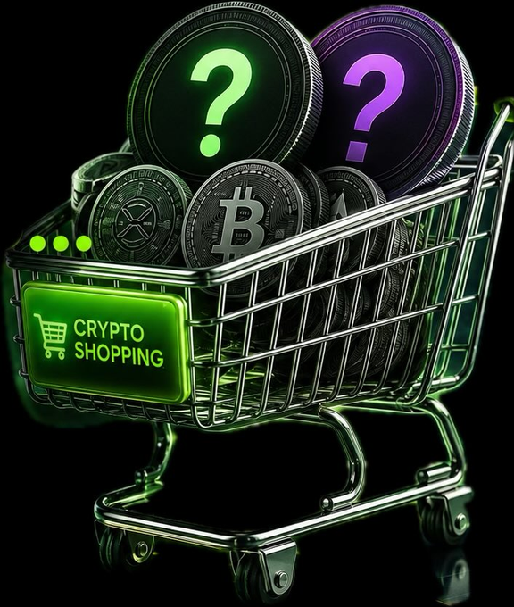 A shopping cart overflowing with cryptocurrency coins, including Bitcoin, XRP, and mystery tokens marked with question marks, features a glowing green "CRYPTO SHOPPING" sign—visually representing the act of accumulating and adding new coins to a crypto portfolio.