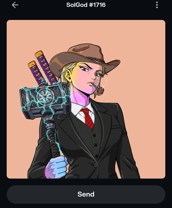 A digital NFT artwork titled 'SolGod #1716' depicting a blonde character in a black suit and cowboy hat smoking a cigar while holding a glowing Mjolnir-like hammer with katana handles on the side, with a 'Send' button below.