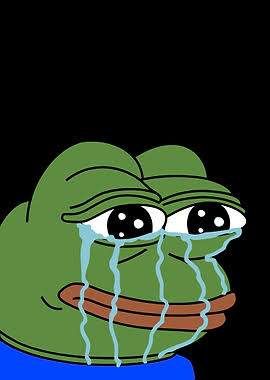A cartoon image of a crying Pepe the Frog with large teary eyes streaming blue tears against a black background.