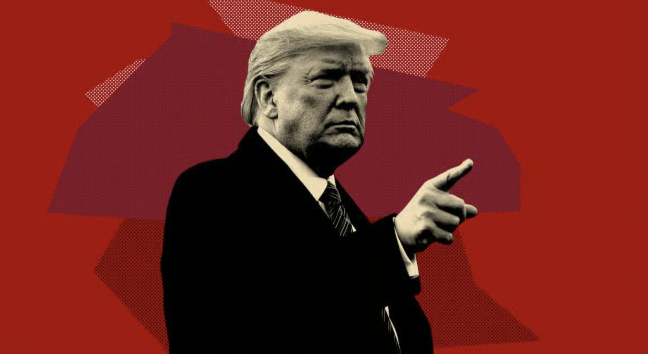 President Trump is shown pointing forward with a determined expression, an image accompanying a report about his "bullish" stance on the Clarity Act and a meeting with crypto executives including Chainlink co-founder Sergey Nazarov.