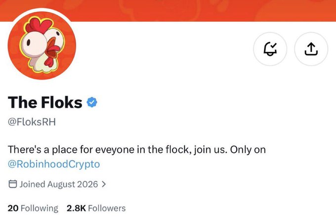 A social media profile page for 'The Floks' (@FloksRH) with a verified blue checkmark, featuring a cartoon chicken logo, the bio 'There's a place for everyone in the flock, join us. Only on @RobinhoodCrypto', and showing 20 Following and 2.8K Followers.