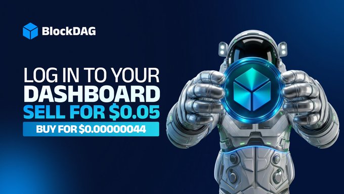 The image features a man dressed as an astronaut, holding up a blue cube or diamond on his chest against a blue background that has text from the "blockdag" company. The photo also includes an advertisement for the Dashboard buy, advertising $0.05 for buying BDAG or $0.000,00044 if you choose to sell at midnight. The poster encourages people to log in and buy for a sale before 6 pm, indicating that this is the last remaining chance to make the purchase of the "supercharged"BDAG wallet.
