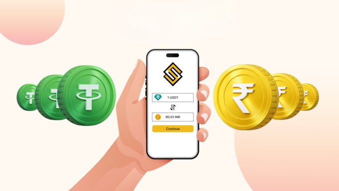 A hand holds a smartphone displaying a crypto exchange interface showing "1 USDT" converting to "90.01 INR" with a "Continue" button, flanked by green Tether (USDT) coins on the left and gold Indian Rupee (₹) coins on the right. The image illustrates the USDT-to-INR exchange process referenced in the post about USDT's premium pricing on Indian retail platforms.