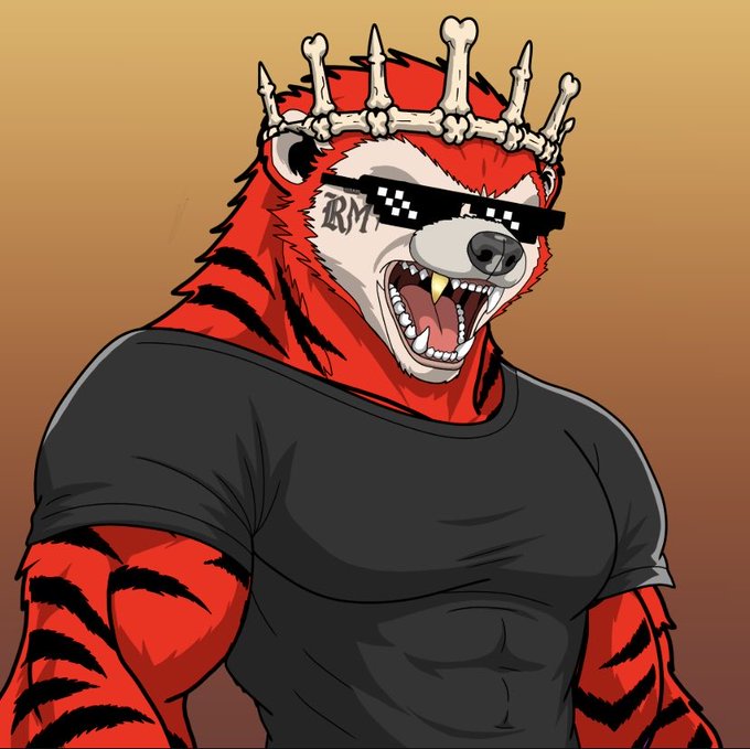 A fierce red and black tiger-like mascot with an open, snarling roar wears a bone crown and "deal with it" sunglasses, with the text "RM" tattooed under one eye—visually matching the @_RATELMAFIAS NFT project's hype around its live mint on gravemint.