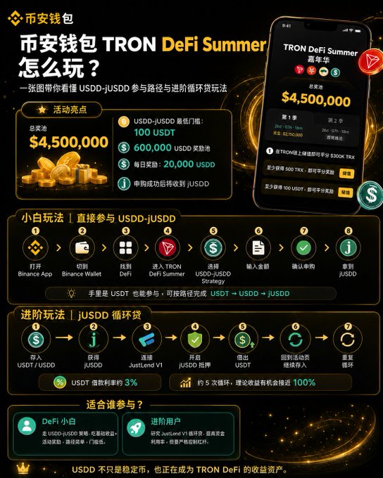 A promotional infographic in Chinese titled "币安钱包 TRON DeFi Summer 怎么玩？" explaining how to participate in the Binance Wallet TRON DeFi Summer event, featuring a total prize pool of $4,500,000 with 100 USSDD minimum threshold, 600,000 USDD rewards, and 20,000 USDD daily rewards. The image breaks down the participation process into beginner steps (USDD-jUSDD direct participation) and advanced steps (jUSDD yield looping via JustLend V1), showing that about 5 loop iterations can theoretically yield 100% returns, making it suitable for both DeFi newcomers and advanced users.