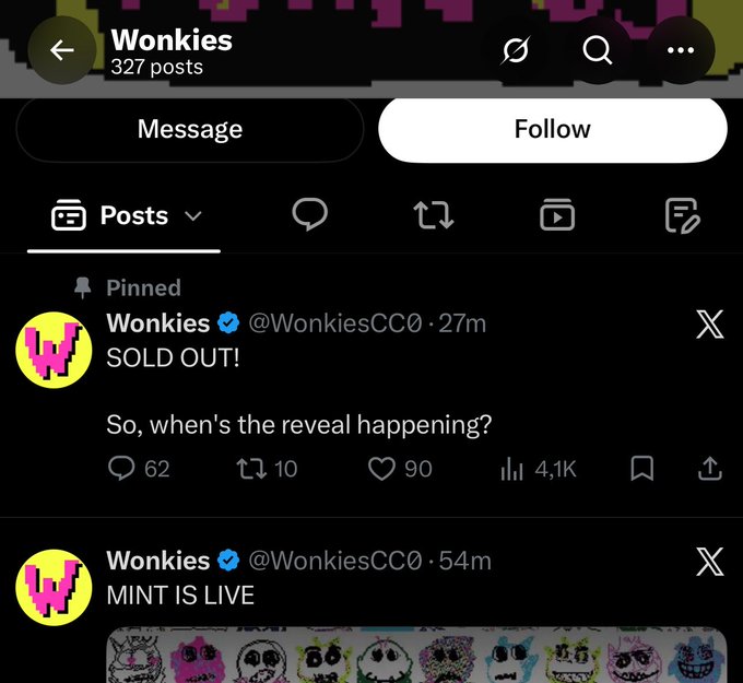 A Twitter/X profile for "Wonkies" (@WonkiesCC0) shows two pinned posts announcing "MINT IS LIVE" and "SOLD OUT!" within 54 minutes, with a pinned tweet asking "So, when's the reveal happening?" — illustrating the post's complaint about founders running a GTD mint phase that sells out immediately, leaving the community with no real guarantees or engagement.