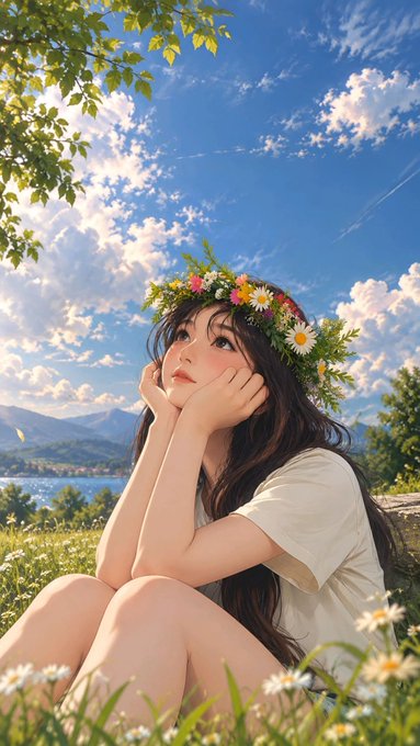 An anime-style illustration of a young woman wearing a floral wreath, sitting in a grassy field with white flowers, with a scenic landscape of water and mountains under a partly cloudy sky behind her.