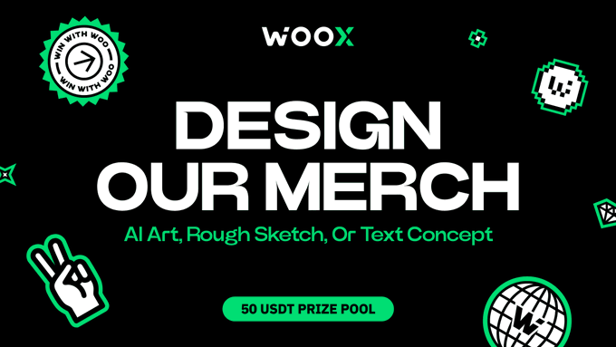 A promotional graphic for WooX with a black background and neon green accents, announcing a 'DESIGN OUR MERCH' contest with a '50 USDT PRIZE POOL' open to AI art, rough sketches, or text concepts.