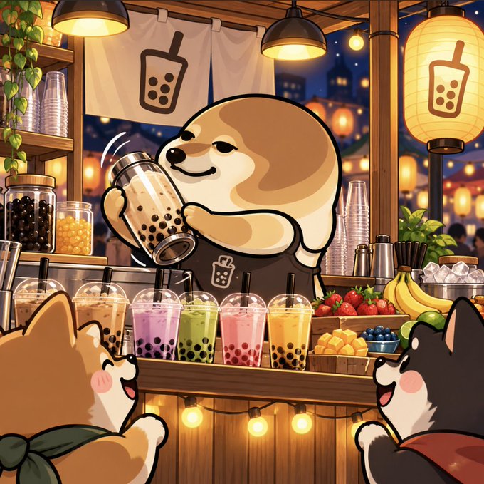 An illustration depicts a cute cartoon dog wearing an apron and shaking a boba tea cup behind a counter displaying various colorful drinks, fruits, and two other small animal characters.