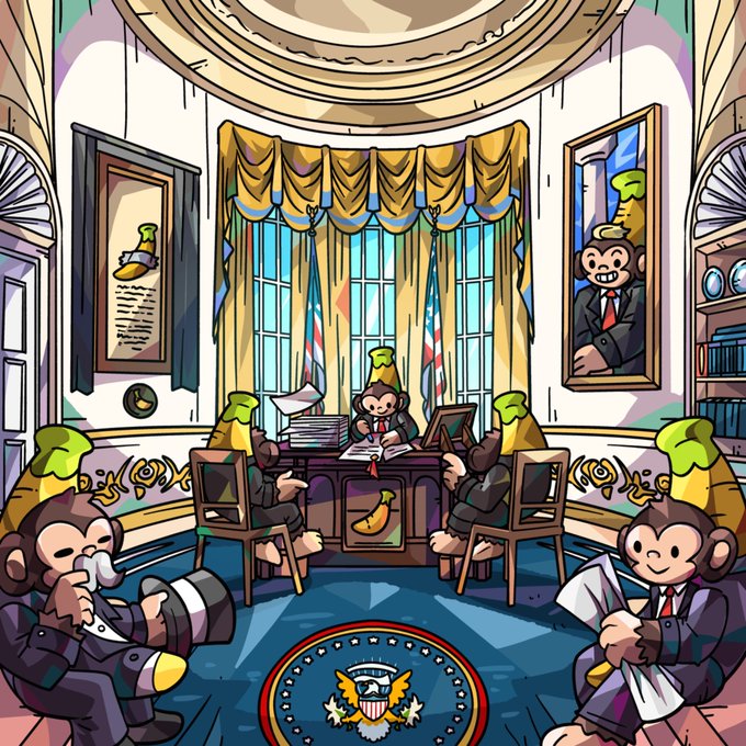 A colorful cartoon illustration depicting monkeys dressed in suits and wearing banana peel hats inside what appears to be the Oval Office, with the Presidential Seal on the floor and a portrait of a monkey president on the wall.