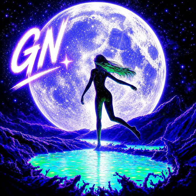 A stylized "GN" is emblazoned over a vibrant, cratered moon, with a silhouetted figure standing on the shore of a glowing green body of water under a starry sky. This image creatively represents the "Good Night" message from the accompanying post, while the overall cosmic and otherworldly aesthetic aligns with the innovative and expansive nature of @useTria and @quipnetwork's work.