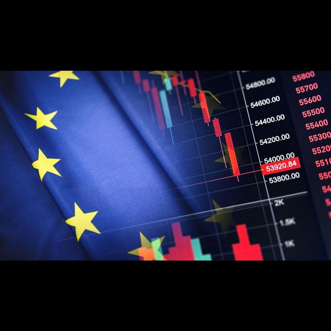 A European Union flag overlays a candlestick chart showing a steep market decline, with prices highlighted at 53920.84, alongside volume bars and price levels ranging from 53800 to 55800, visually representing the regulatory crackdown on Binance under MiCA requirements and its impact on crypto markets.