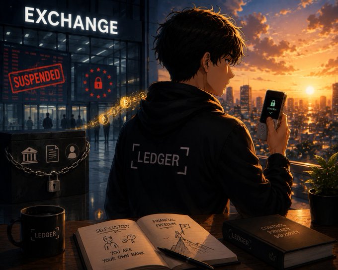An anime-style digital illustration of a young man wearing a hoodie labeled 'LEDGER' holding a device displaying a lock icon, with an 'EXCHANGE' sign marked 'SUSPENDED' in the background, and notebooks labeled 'FINANCIAL FREEDOM,' 'SELF-CUSTODY,' and 'CONTROL PRIVACY SECURITY.'