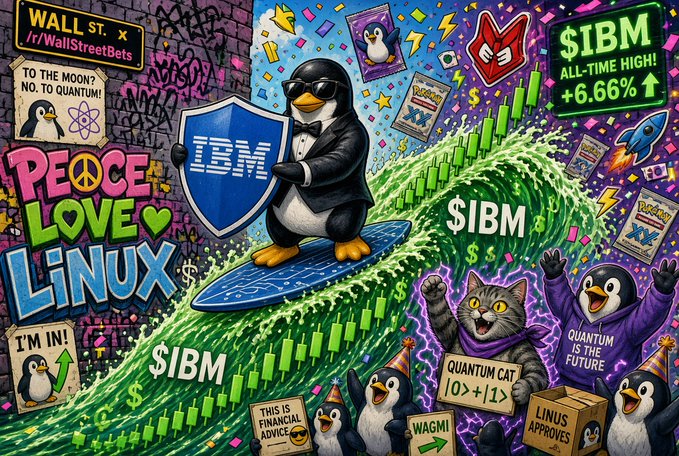 A vibrant, psychedelic illustration features a tuxedo-wearing penguin surfing a green wave shaped like a stock chart, surrounded by IBM logos, trading cards, and text like 'PEACE LOVE LINUX', '$IBM ALL-TIME HIGH! +6.66%', and 'QUANTUM IS THE FUTURE'.
