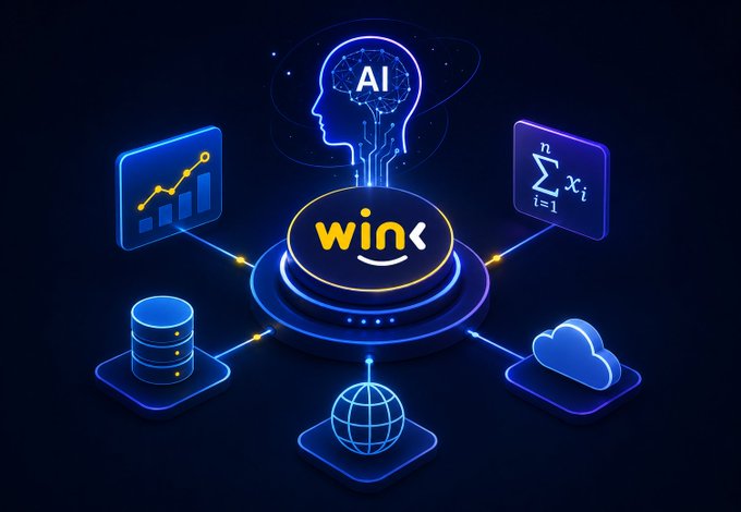 The image showcases a glowing AI brain connected to "WINk" at the center, surrounded by icons representing data analytics, mathematical formulas (Σ), cloud storage, databases, and the global network, visually illustrating WINkLink's role as the bridge between AI, blockchain, and real-world data feeds. The design directly reinforces the post's message about how reliable intelligence depends on verified data sources and secure randomness provided by WINkLink to power decentralized applications.