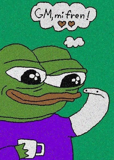 A cartoon drawing of a sad-looking Pepe the Frog with a thought bubble reading "GM, mifren!" alongside two heart emojis, holding a coffee mug.