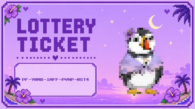A purple pixel-art 'LOTTERY TICKET' featuring a penguin character, a sunset landscape, and the code 'PF-YWMB-1NFF-PVNP-WS T4'.