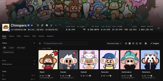 A screenshot of the Chimpers NFT collection page by Yuga Labs, showing items listed with traits like 'Niyaki' and 'Uraraka' at a floor price of 0.42 ETH.