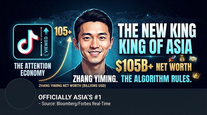 A promotional graphic declaring Zhang Yiming as 'THE NEW KING OF ASIA' with $105B+ net worth, citing Bloomberg/Forbes Real-Time, featuring TikTok logos and 'THE ALGORITHM RULES' text.