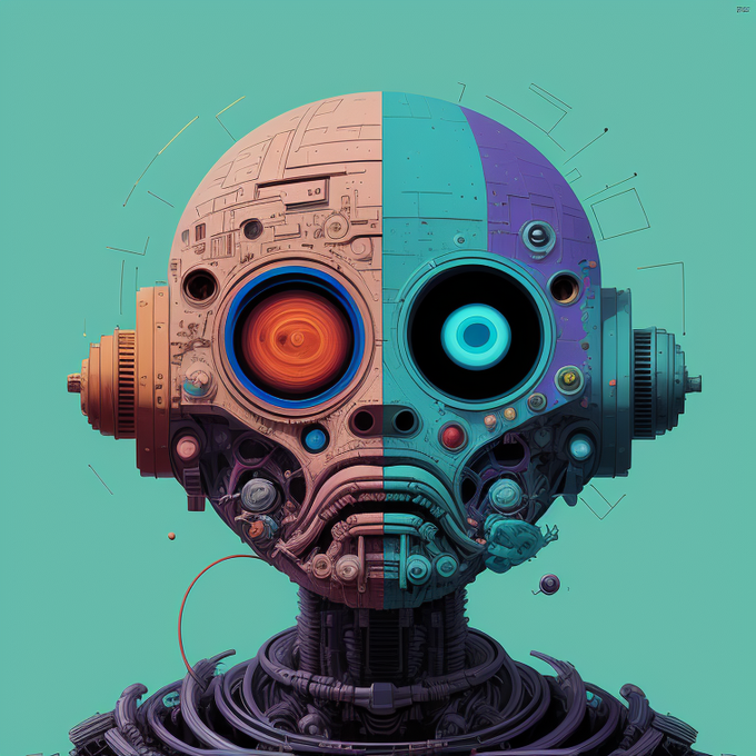 A digital artwork shows a symmetrical robotic or cyborg head against a teal background, split into two color schemes (peach/cream on the left, teal/purple on the right) with glowing orange and blue eyes.