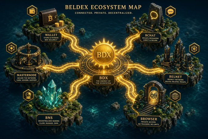 A 'BELDEX ECOSYSTEM MAP' diagram showing BDX at the center connected to components including Wallet, BChat, BelNet, Browser, BNS, and Masternode.