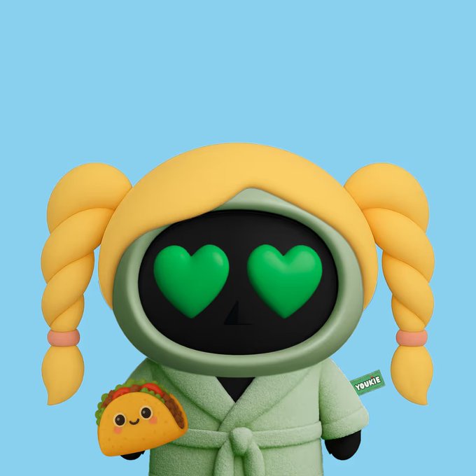 A 3D character with yellow braided hair and a green robe, featuring green heart-shaped eyes, holding a small smiling taco against a light blue background.