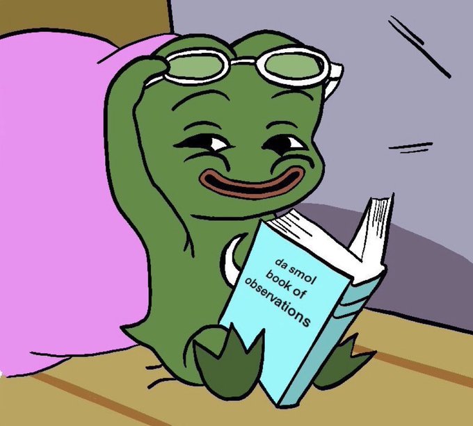 A cartoon Pepe the Frog wearing goggles reads a blue book titled "da smol book of observations" with a pleased expression, sitting against a pink pillow. The image humorously illustrates someone studying up on a lesser-known financial process before explaining its inner workings, fitting the caption's tone of revealing the "actual mechanics" behind the advertised yield.
