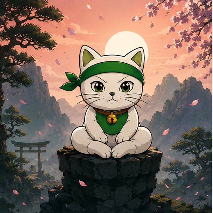 An anime-style illustration of a white cat wearing a green ninja-style bandana and bell, sitting on a stone pedestal against a sunset landscape with cherry blossoms and a torii gate.