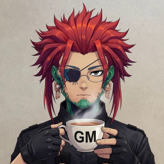 The image features an anime character with red hair, wearing a black outfit and holding a white cup that has "G" written on it. The character appears to be drinking from the cup while standing against a gray background. The post seems to be related to the anime or the character in some way, as it mentions "GM @TheARCTERMINAL", which could potentially be an anime series or a character from that series.