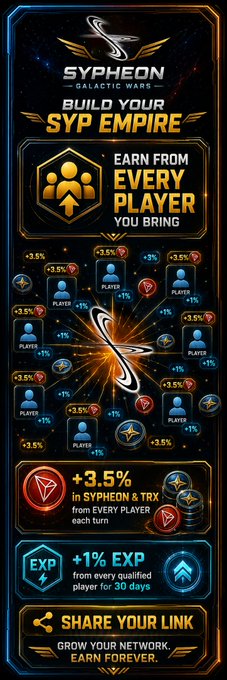 The image is a promotional infographic for "SYPHEON: Galactic Wars," highlighting a referral program where players earn +3.5% SYPHEON & TRX from every player they bring in each round, plus +1% EXP every 30 days per qualified referral, encouraging users to share their link to grow their network and earn rewards forever.