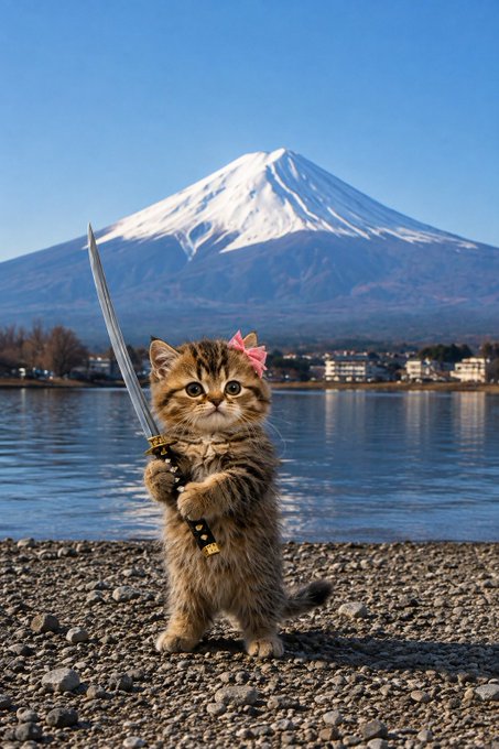 An AI-generated image depicts a small tabby kitten with a pink bow standing upright on a rocky shore, holding a katana, with a lake and Mount Fuji in the background.