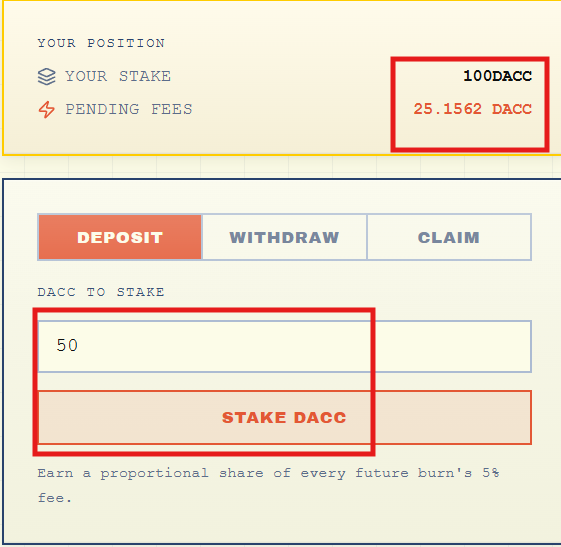 The image features a screenshot of a bank statement, possibly related to cryptocurrency or digital currency transactions. In the middle of the screen, there are two boxes with red text at different locations - one near the top left corner labeled "your position", and another located directly below that box in the center. These positions might represent the user's personal details, stake amounts, and other relevant information for their cryptocurrency activities. The post, which is displayed above these two boxes on the right side of the screen, discusses ways to maximize one's daily staking rewards by investing more tokens in DAC Chain Pool. This advice can be helpful for anyone looking to optimize their stake quantities and improve their chances of future airdrop eligibility or increasing their overall staking gains.