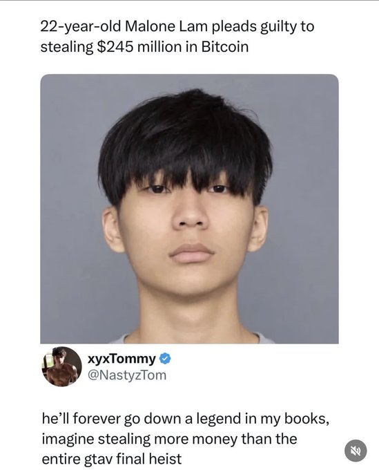 A social media post with the headline '22-year-old Malone Lam pleads guilty to stealing $245 million in Bitcoin,' showing a mugshot of a young Asian man, with a tweet from @NastyzTom joking about the theft being legendary compared to the GTA V final heist.