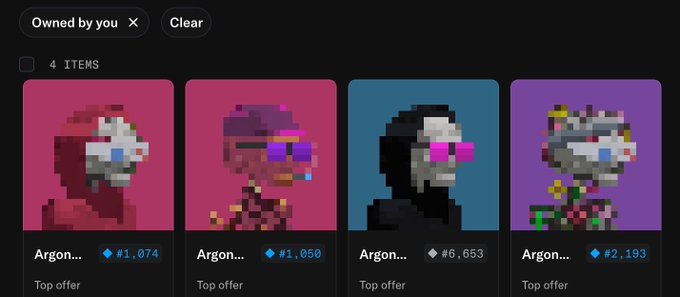 A digital marketplace interface displays four pixel-art character NFTs under an 'Owned by you' filter, with visible prices ranging from #6,653 to #2,193 and top offer labels.
