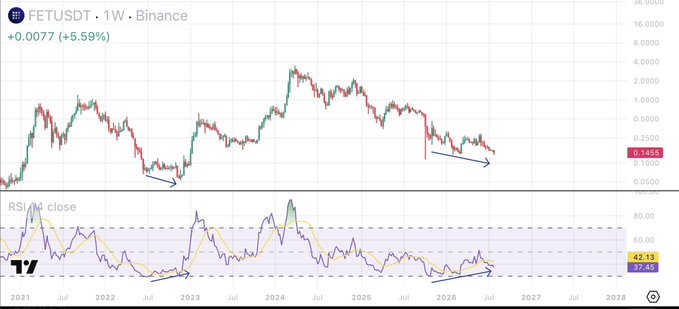A TradingView weekly chart of FETUSDT on Binance showing a bearish downtrend from the 2024 peak, with the price at 0.1456 (+5.59%), highlighted by two blue arrows indicating RSI/MACD divergences at recent lows where the RSI sits at 37.45—suggesting a potential reversal despite the overall downward price action.
